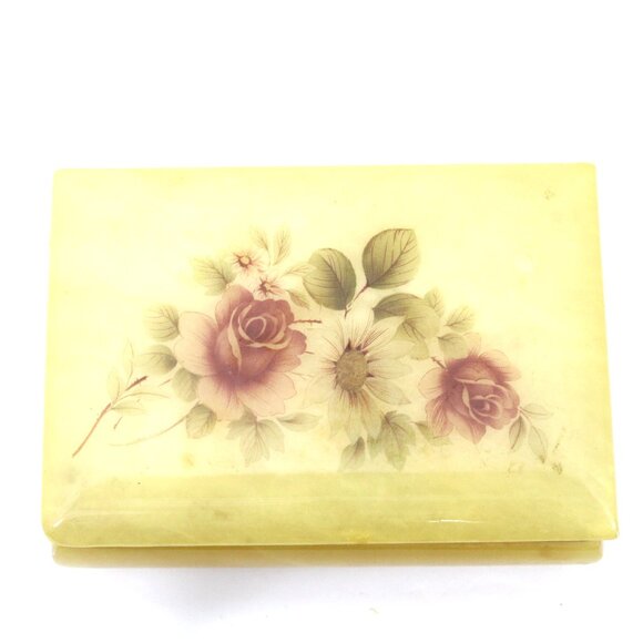 Vintage Genuine Alabaster Trinket Jewelry Box Yellow w/Flowers Created in Italy - Picture 3 of 11